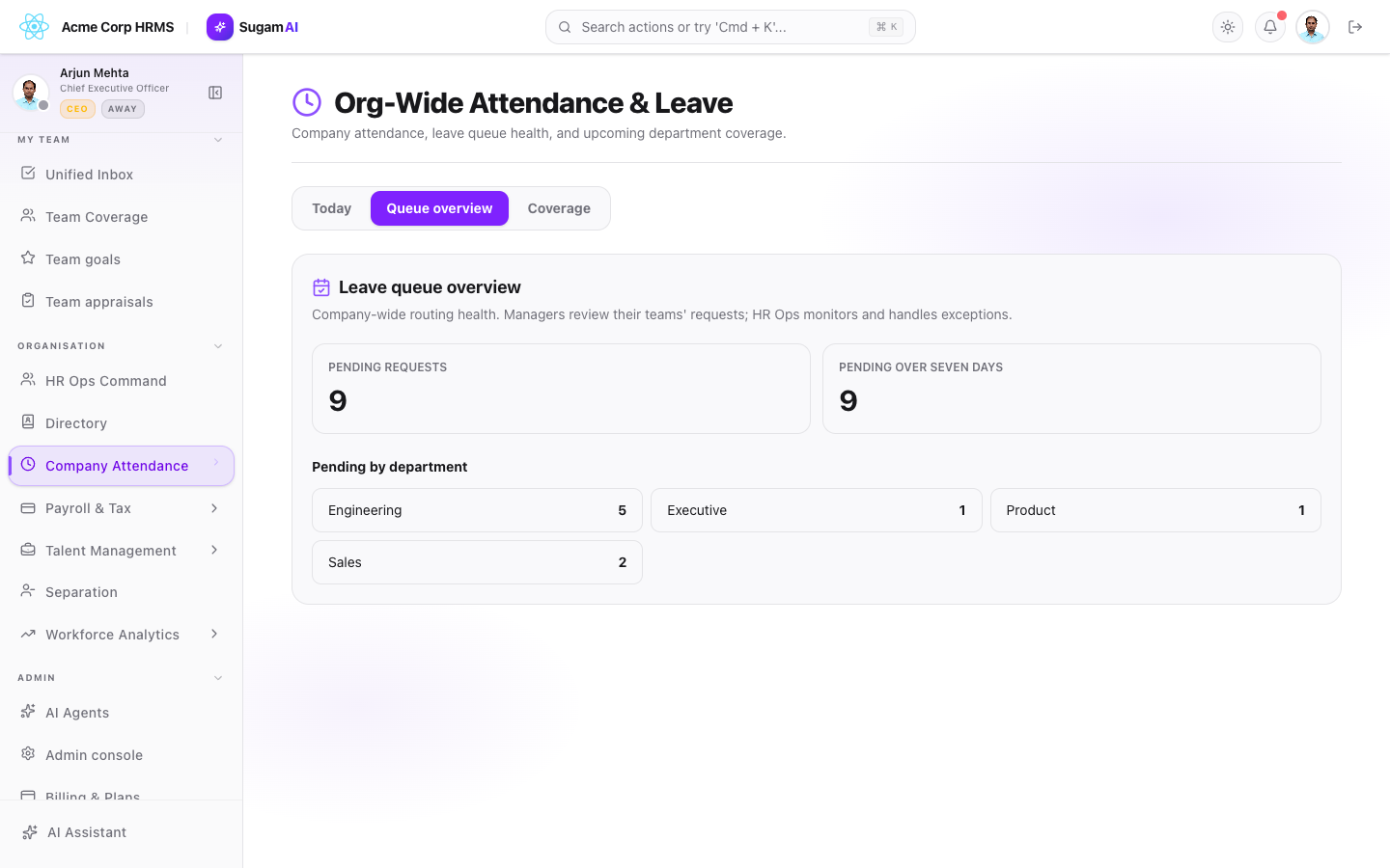 Current attendance and leave queue overview