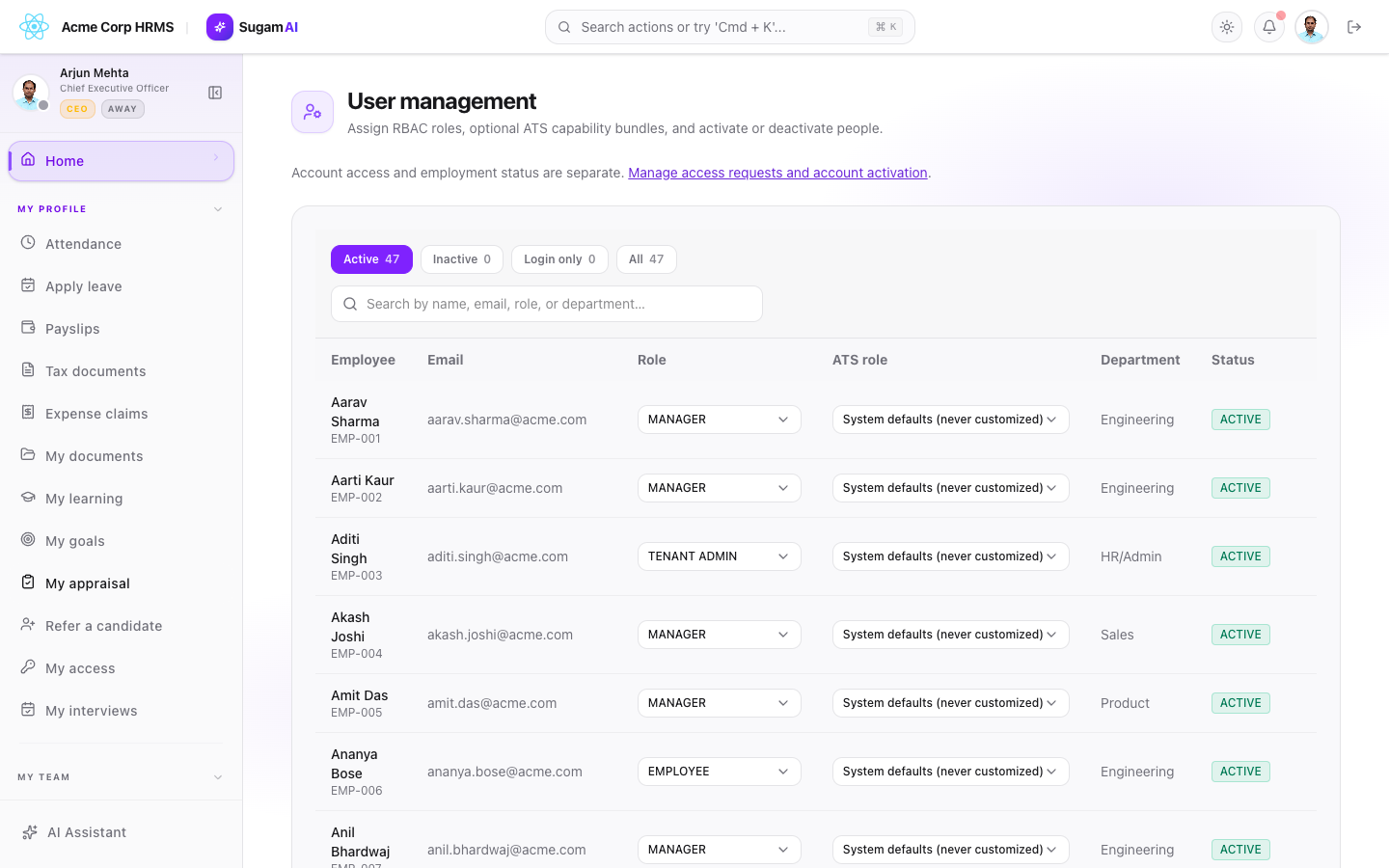 Current user management and role assignments